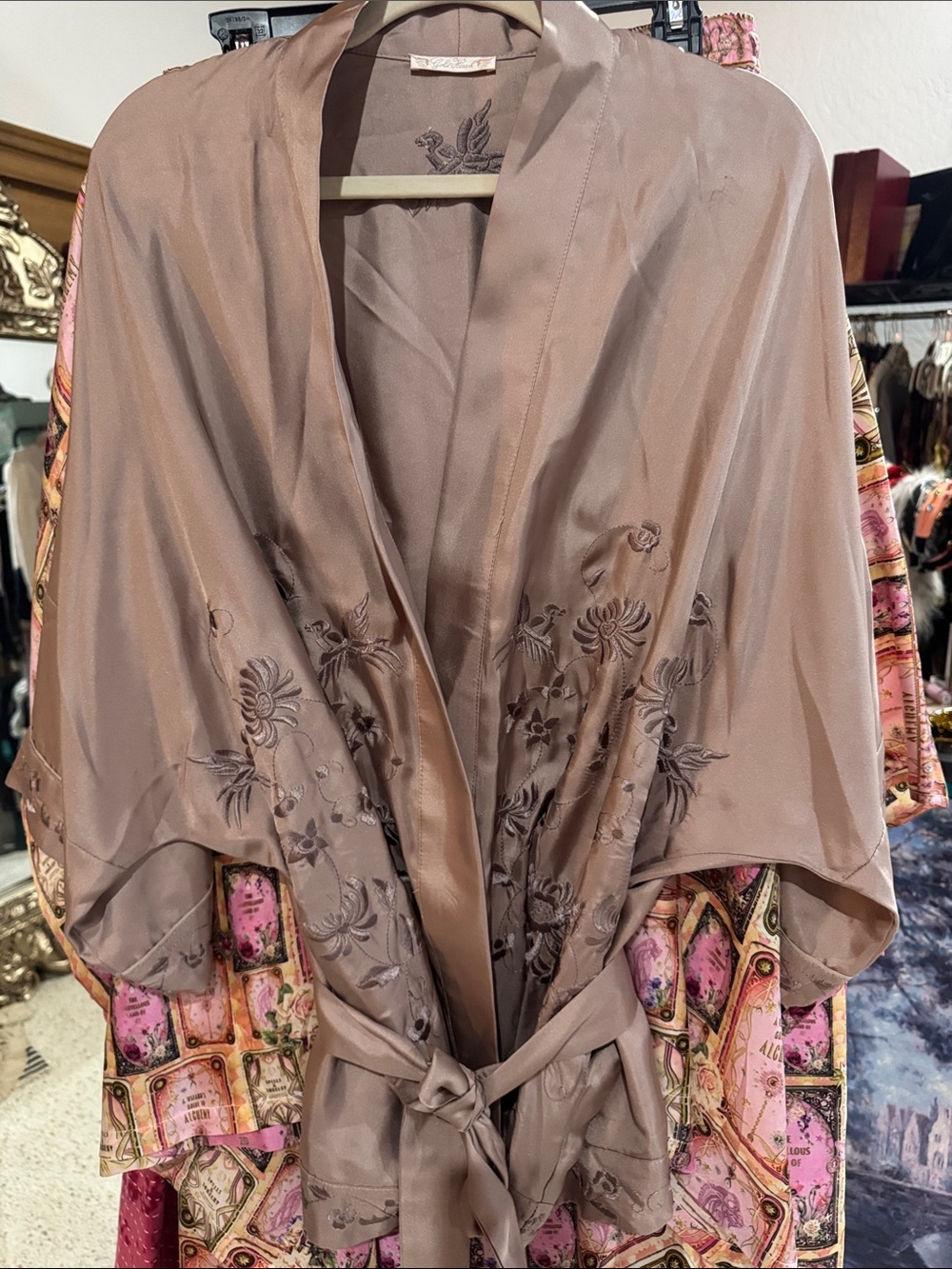 Gold Hawk Nude Silk Embroidered Kimono Shrug w/Pockets NWT, $315MSRP